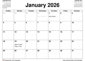 January 2026 Calendar - Inch Calculator
