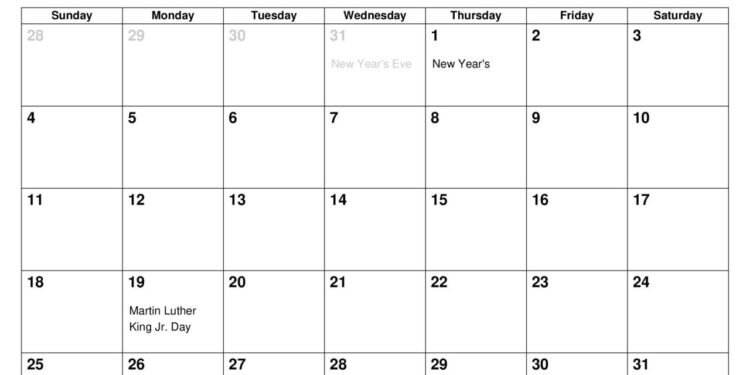 January 2026 Calendar - Inch Calculator
